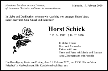 Traueranzeige von Horst Schick von Marbacher Zeitung