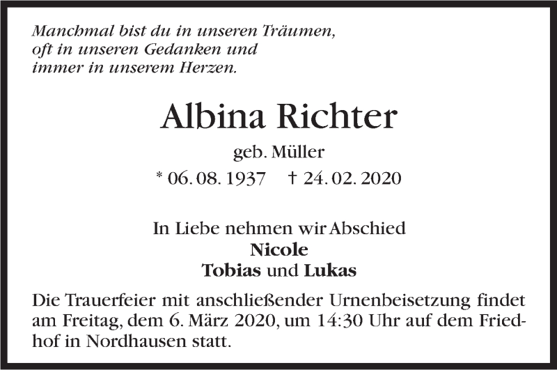  Traueranzeige für Albina Richter vom 03.03.2020 aus Marbacher Zeitung