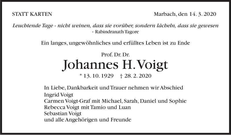  Traueranzeige für Johannes H. Voigt vom 14.03.2020 aus Marbacher Zeitung