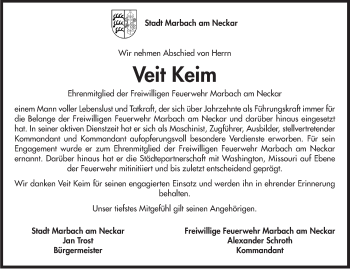 Traueranzeige von Veit Keim von Marbacher Zeitung