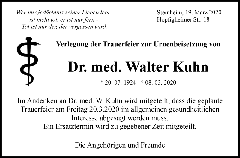  Traueranzeige für Walter Kuhn vom 19.03.2020 aus Marbacher Zeitung