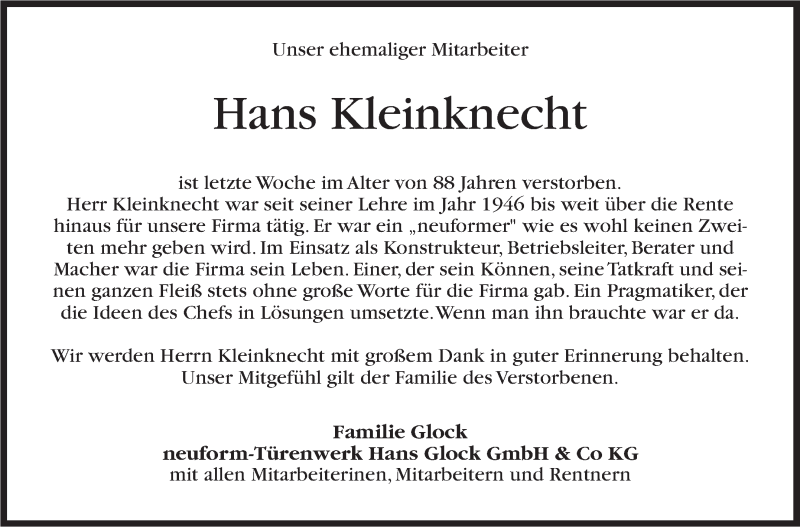  Traueranzeige für Hans Kleinknecht vom 14.04.2020 aus Marbacher Zeitung