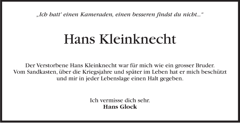  Traueranzeige für Hans Kleinknecht vom 14.04.2020 aus Marbacher Zeitung