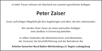 Traueranzeige von Peter Zaiser von Marbacher Zeitung