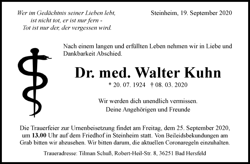  Traueranzeige für Walter Kuhn vom 19.09.2020 aus Marbacher Zeitung
