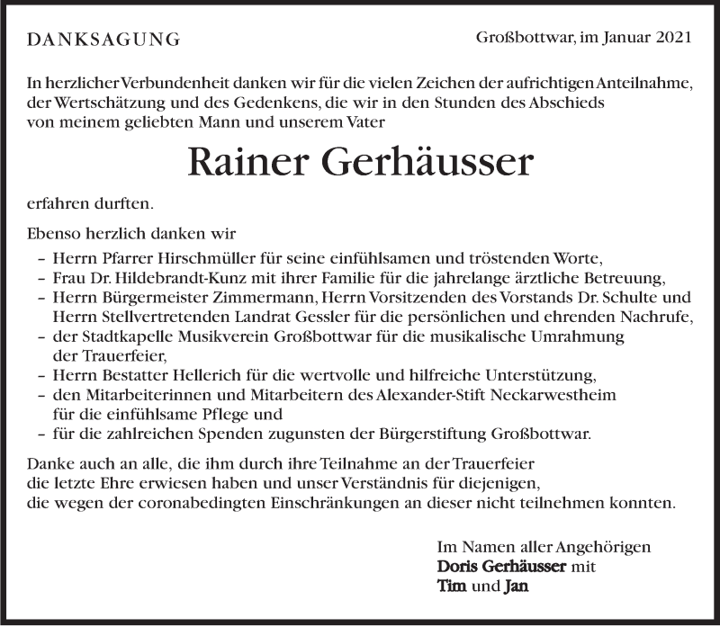  Traueranzeige für Rainer Gerhäusser vom 21.01.2021 aus Marbacher Zeitung