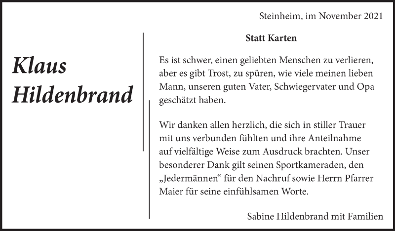  Traueranzeige für Klaus Hildenbrand vom 11.11.2021 aus Marbacher Zeitung