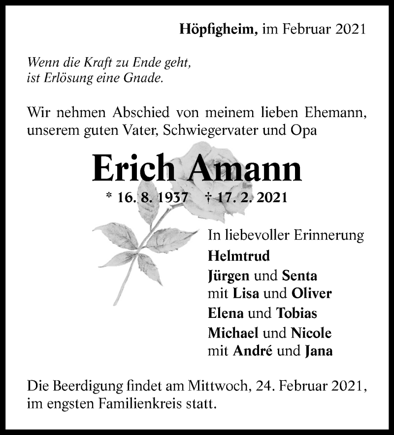  Traueranzeige für Erich Amann vom 22.02.2021 aus Marbacher Zeitung