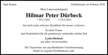 Traueranzeige von Hilmar Peter Dürbeck von Marbacher Zeitung