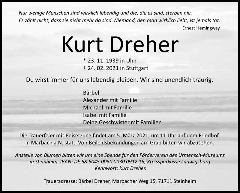  Traueranzeige für Kurt Dreher vom 03.03.2021 aus Marbacher Zeitung