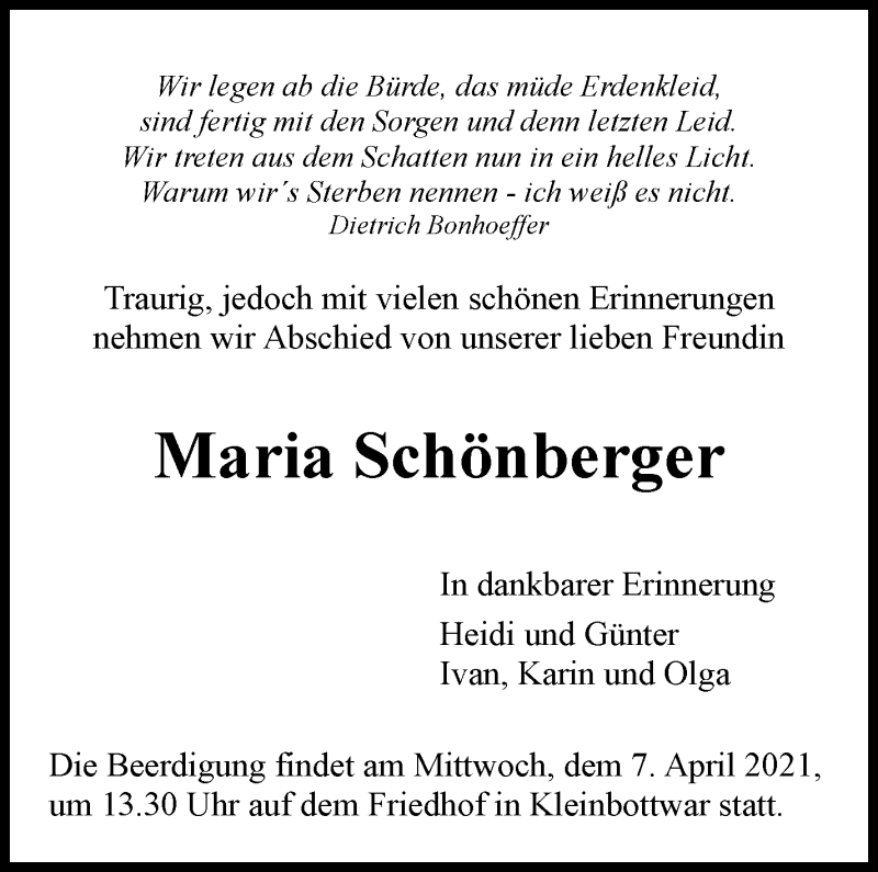  Traueranzeige für Maria Schönberger vom 01.04.2021 aus Marbacher Zeitung