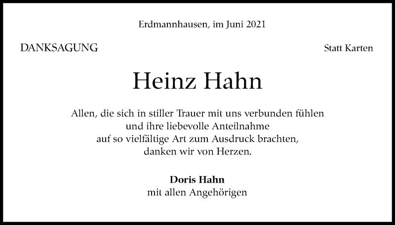  Traueranzeige für Heinz Hahn vom 25.06.2021 aus Marbacher Zeitung