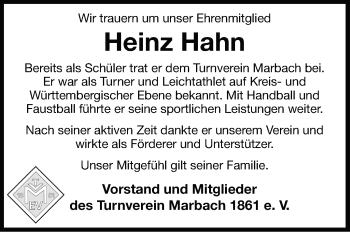 Traueranzeige von Heinz Hahn von Marbacher Zeitung