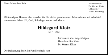 Traueranzeige von Hildegard Klotz von Marbacher Zeitung