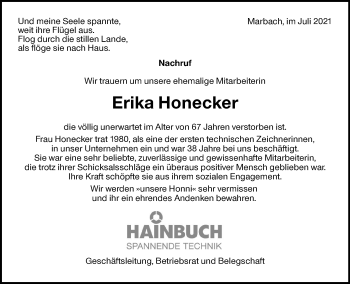 Traueranzeige von Erika Honecker von Marbacher Zeitung