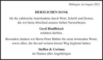 Traueranzeige von Gerd Rindfleisch von Marbacher Zeitung