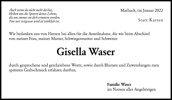 Traueranzeige von Gisella Waser von Marbacher Zeitung