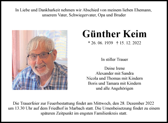 Traueranzeige von Günther Keim von Marbacher Zeitung