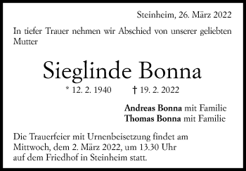 Traueranzeige von Sieglinde Bonna von Marbacher Zeitung