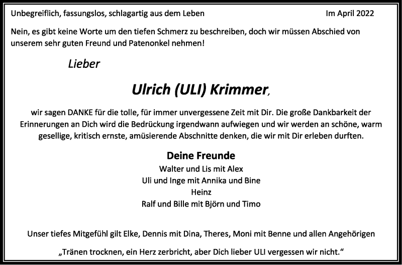  Traueranzeige für Ulrich Krimmer vom 08.04.2022 aus Marbacher Zeitung