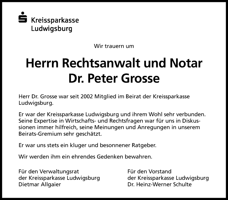  Traueranzeige für Peter Grosse vom 11.05.2022 aus Marbacher Zeitung