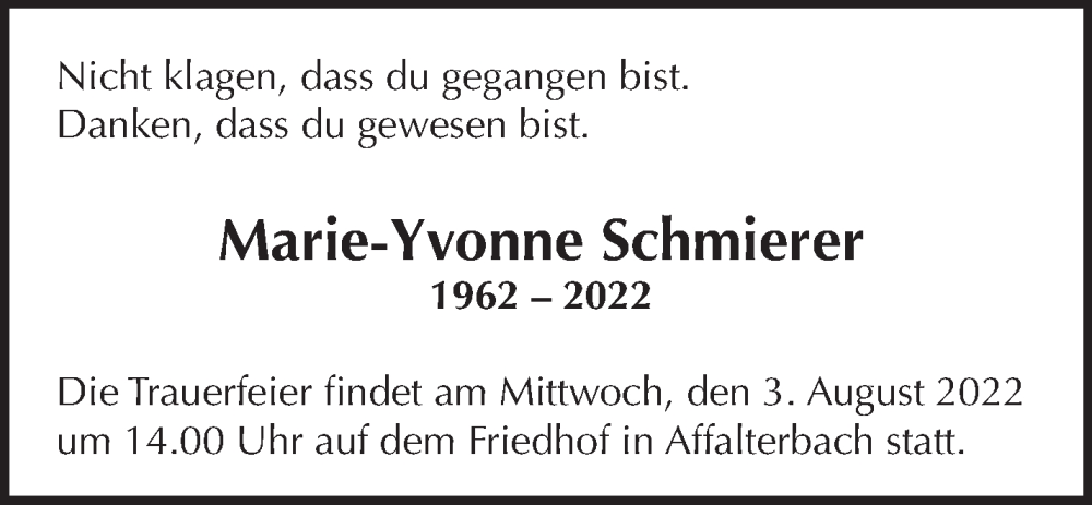  Traueranzeige für Marie-Yvonne Schmierer vom 30.07.2022 aus Marbacher Zeitung