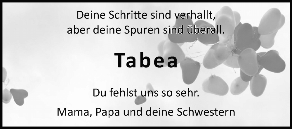  Traueranzeige für Tabea  vom 12.07.2022 aus Marbacher Zeitung