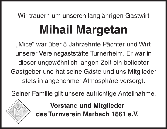 Traueranzeige von Mihail Margetan von Marbacher Zeitung