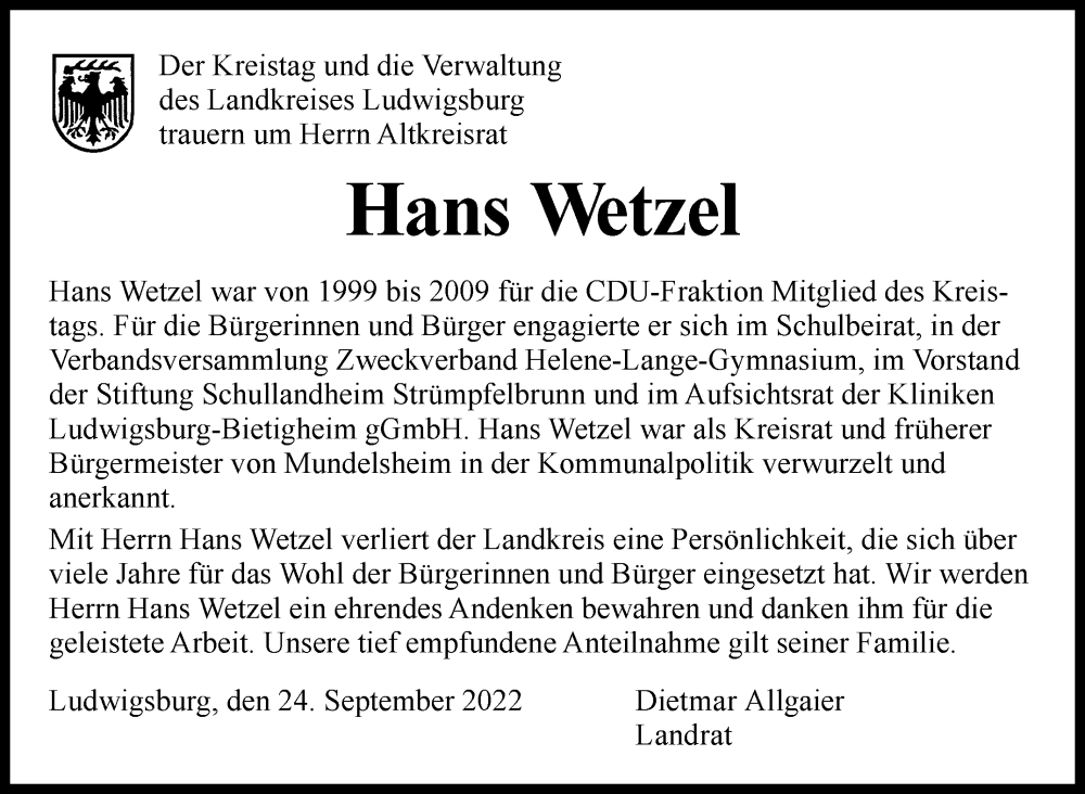  Traueranzeige für Hans Wetzel vom 24.09.2022 aus Marbacher Zeitung