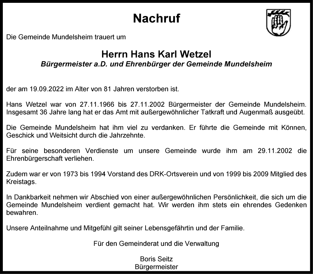  Traueranzeige für Hans Karl Wetzel vom 24.09.2022 aus Marbacher Zeitung