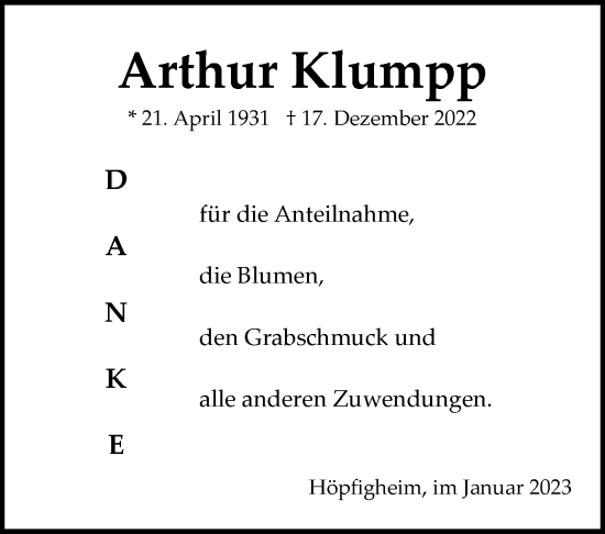 Traueranzeige von Arthur Klumpp von Marbacher Zeitung