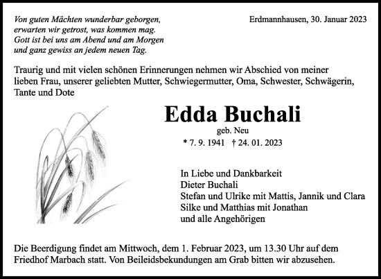 Traueranzeige von Edda Buchali von Marbacher Zeitung