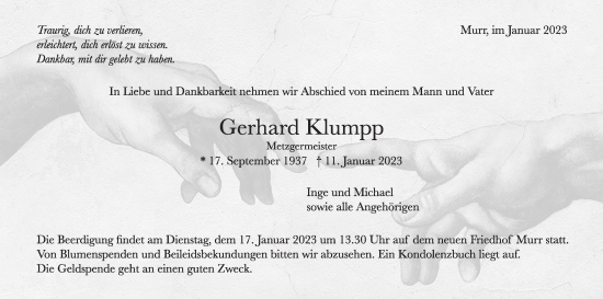 Traueranzeige von Gerhard Klumpp von Marbacher Zeitung