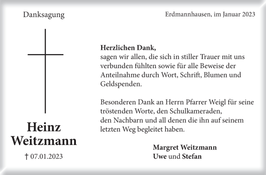 Traueranzeige von Heinz Weitzmann von Marbacher Zeitung