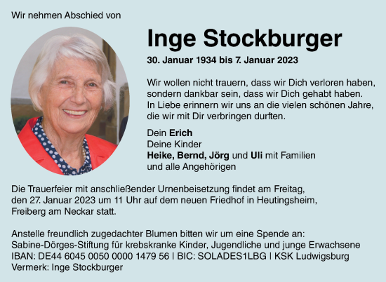 Traueranzeige von Inge Stockburger von Marbacher Zeitung