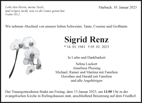Traueranzeige von Sigrid Renz von Marbacher Zeitung