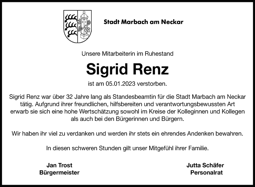  Traueranzeige für Sigrid Renz vom 13.01.2023 aus Marbacher Zeitung