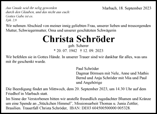 Traueranzeige von Christa Schröder von Marbacher Zeitung