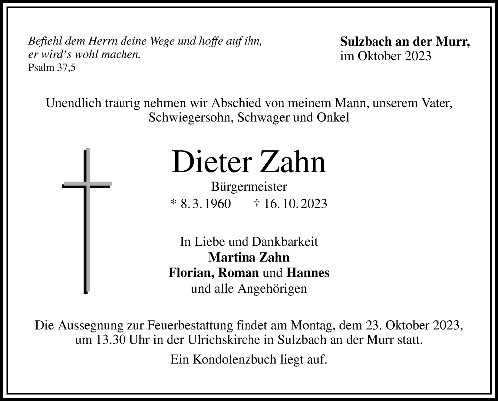  Traueranzeige für Dieter Zahn vom 19.10.2023 aus Marbacher Zeitung