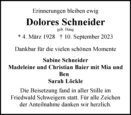 Traueranzeige von Dolores Schneider 