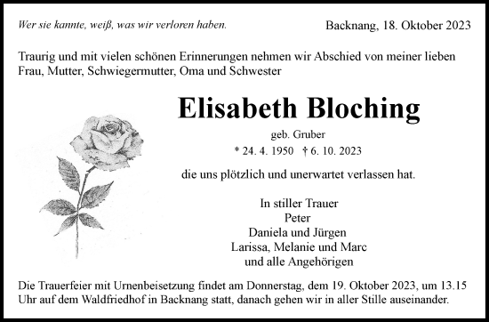 Traueranzeige von Elisabeth Bloching von Marbacher Zeitung