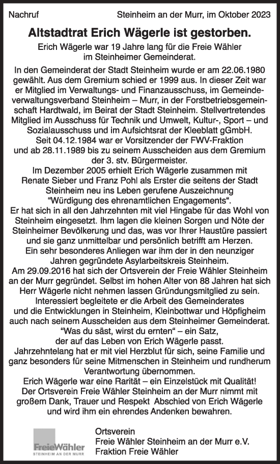 Traueranzeige von Erich Wägerle von Marbacher Zeitung