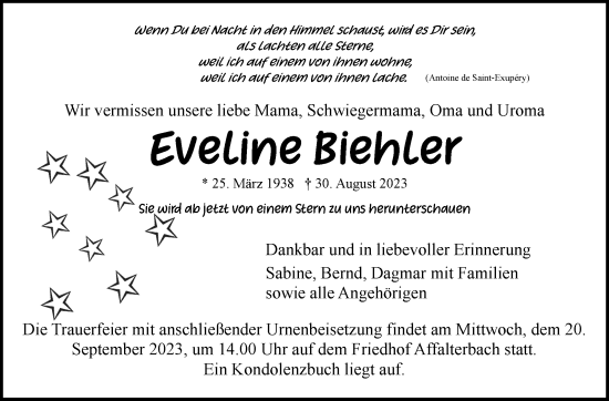 Traueranzeige von Eveline Biehler von Marbacher Zeitung