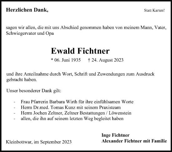 Traueranzeige von Ewald Fichtner von Marbacher Zeitung