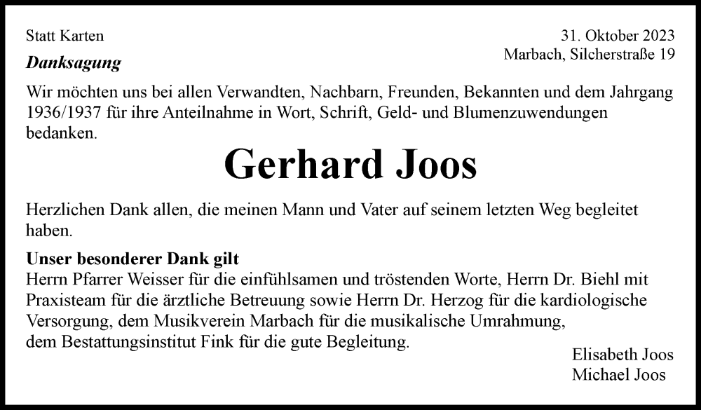  Traueranzeige für Gerhard Joos vom 31.10.2023 aus Marbacher Zeitung