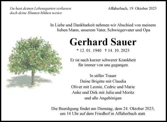Traueranzeige von Gerhard Sauer von Marbacher Zeitung