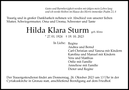 Traueranzeige von Hilda Klara Sturm von Marbacher Zeitung
