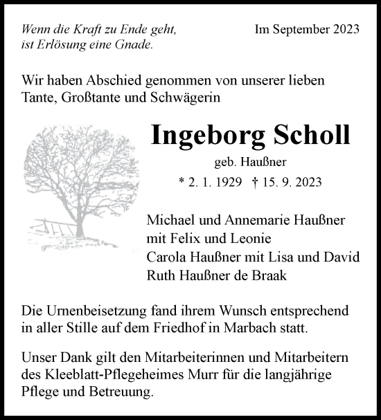 Traueranzeige von Ingeborg Scholl von Marbacher Zeitung