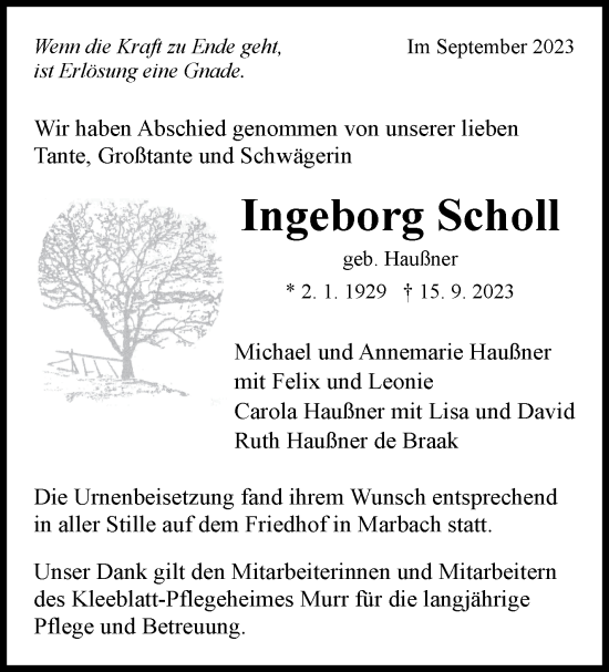 Traueranzeige von Ingeborg Scholl von Marbacher Zeitung