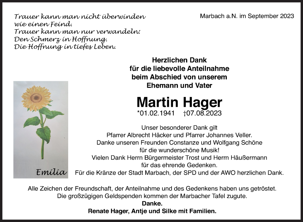  Traueranzeige für Martin Hager vom 22.09.2023 aus Marbacher Zeitung